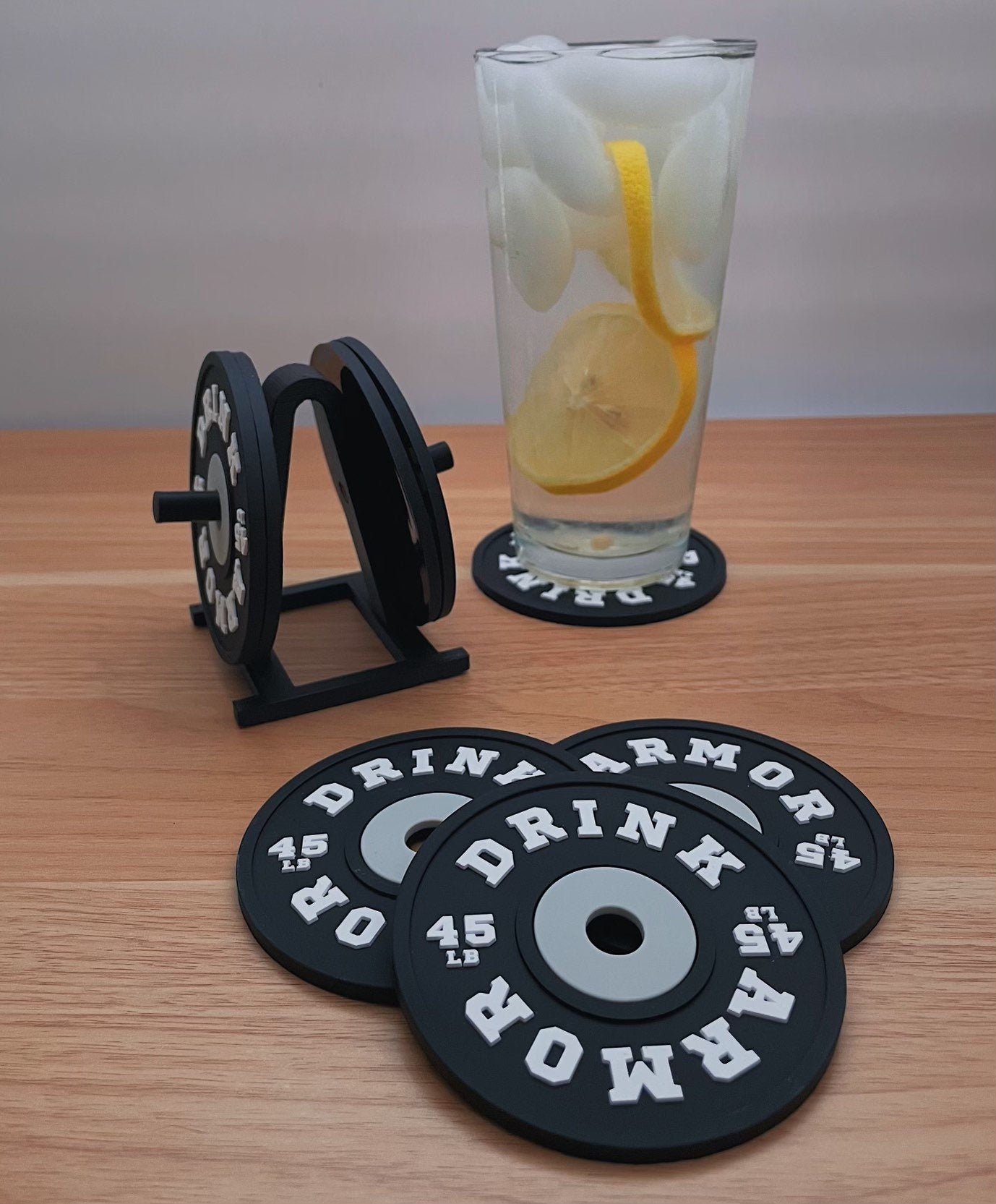 Weight Plate Coaster Set of 4 And Rack Holder - BLACK - Non Slip Drink Coasters - Gift, Weightlifting, Secret Santa, gym, fitness, crossfit