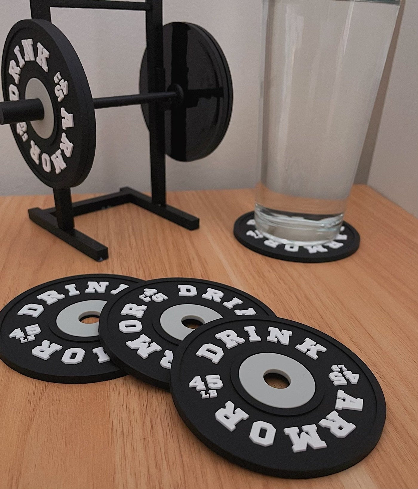 Weight Plate Coaster Set of 4 And Rack Holder - BLACK - Non Slip Drink Coasters - Gift, Weightlifting, Secret Santa, gym, fitness, crossfit