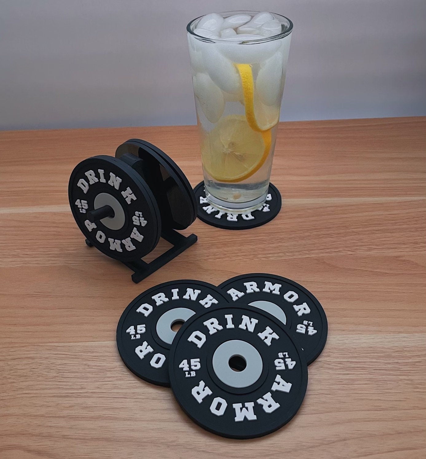 Weight Plate Coaster Set of 4 And Rack Holder - BLACK - Non Slip Drink Coasters - Gift, Weightlifting, Secret Santa, gym, fitness, crossfit