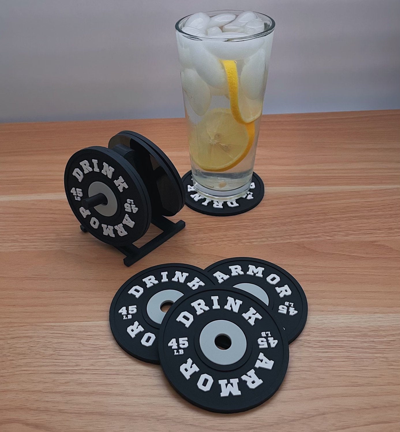 Weight Plate Coaster Set of 4 And Rack Holder - Non Slip Drink Coasters - Gift, Weightlifting, Secret Santa, gym, fitness, crossfit