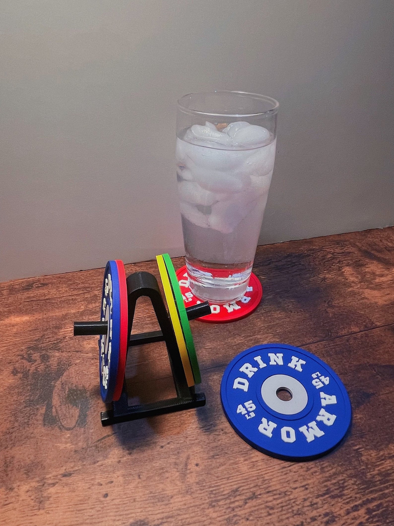 Drink Armor Bundle Gym Coasters Set | Funny Weight Plate Gym Coasters, Squat Rack Coaster Holder, Kettlebell Protein Scooper & Ice Cube Mold